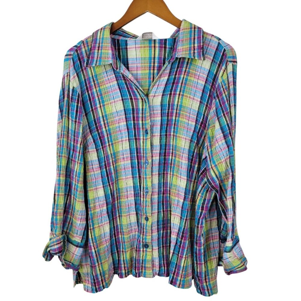 CJ Banks Button Up Top Plus Size 1X Madras Plaid Tartain Career Pink Teal Green
